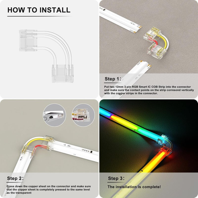 PAUTIX 12mm Connectors 8pcs L-Shaped/Corner Connectors,8pcs R-Shaped/Corner Connectors for 3-Pin RGB Smart IC COB LED Strip Lights,NOT for 10mm/8mm/5mm LED Tape Lights - Image 4
